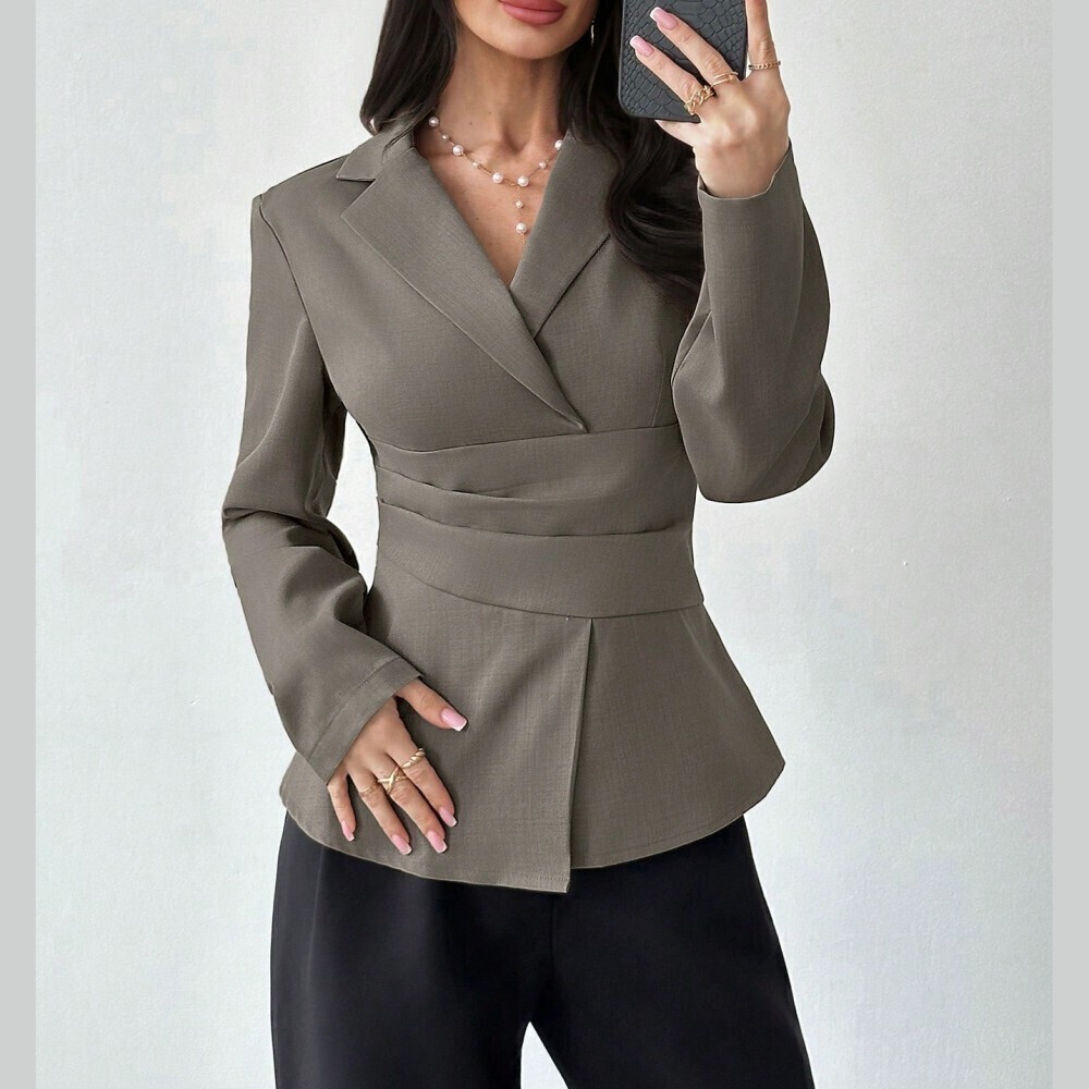 Taupe Gray Wrap Notch Lapel Peplum Blazer with Waist Detail
